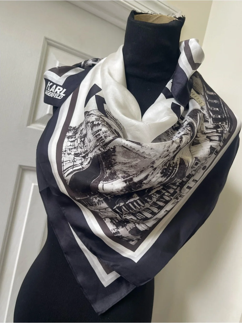 Karl Lagerfeld Black and White Graphic Silk Scarf